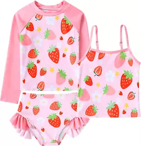 Girls Swimsuit 3 Pieces Long Sleeve Rash Guard Set Tankini Bathing Suits Summer - Picture 1 of 13