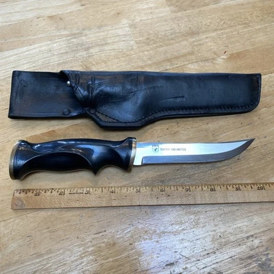 DUCKS UNLIMITED 10" SWEDISH Hunting Fixed Blade Knife & Leather Sheath Sweden - Image 1 of 4