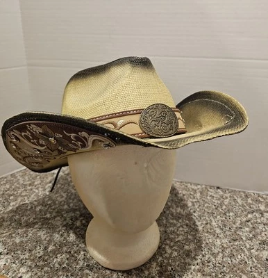 Milano Womens Tan Straw Cowgirl Hat- Beautifully Embellished Band & Brim- Large - Image 1 of 4