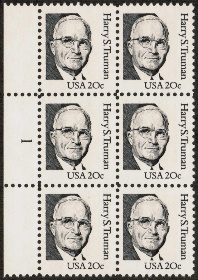 US USA Sc# 1862 MNH FVF  PL# 6 BLOCK  Sm block tag Prf 10.9 Dull Gum Pres Truman - Image 1 of 1