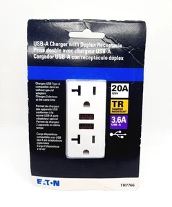 New Eaton TR7766 USB-A Charger With Duplex Receptacle, White TR7766-KB-LW - Picture 1 of 3