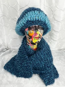 Handmade/Hand Crocheted Large Soft Beret & Oversized Scarf Set Blue Ombre Warm - Picture 1 of 9