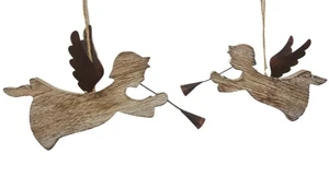 2 Handmade Wooden Angel Christmas Tree Decorations Hanging Rustic Metal Wings - Picture 1 of 4