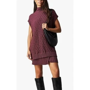 Free People Rosemary EUC Plum Mock Neck Cable Knit Cotton Tunic Sweater Vest - Picture 1 of 4