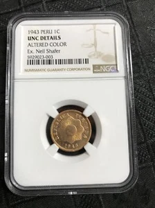 1943 Peru 1 Centavo NGC UNC details Nell Shafer collection - Picture 1 of 4