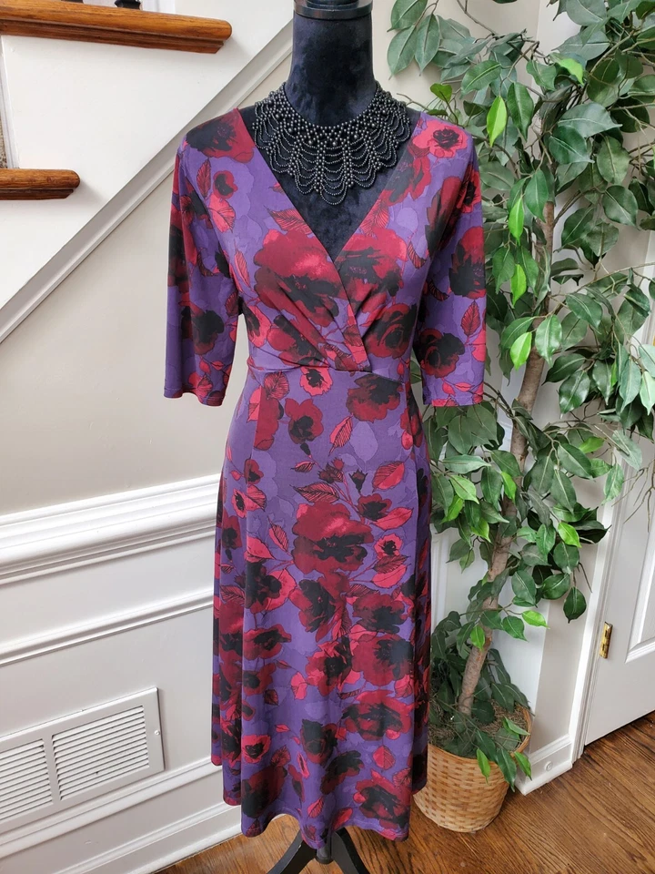 George Women's Purple Floral Polyester V-Neck 3/4 Sleeve Knee Length Dress XL - Image 1 of 4