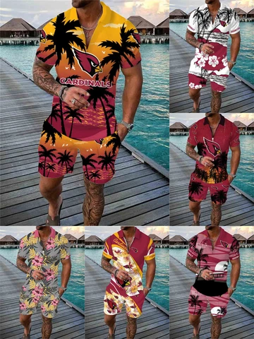 Arizona Cardinals Men's Hawaiian Casual Tops Running Board Shorts 2PCS Tracksuit Cover