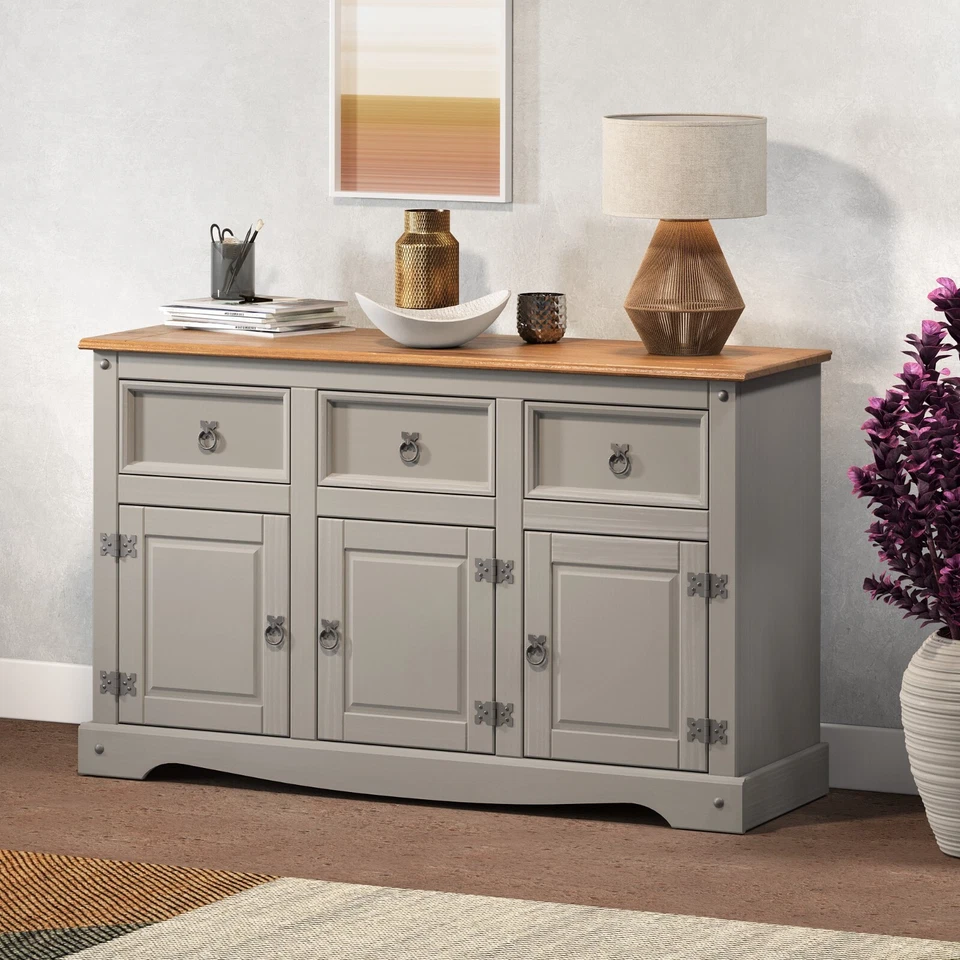 Corona Sideboard Grey Wax 3 Door 3 Drawer Solid Pine Dining Mercers Furniture® - Image 1 of 4