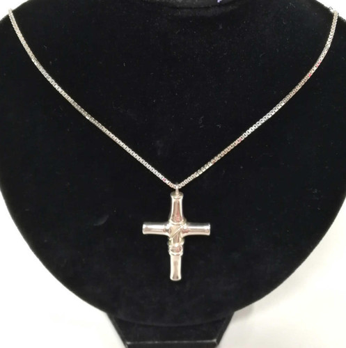Collana Ciondolo Croce Bambù Argento Sterling 925 Gucci con Borsa Autentica