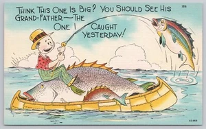 Comic Postcard Wellman Artist: Exaggerated Fishing, Fisherman, Canoe with Fish - Picture 1 of 2