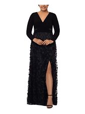XSCAPE Dress Plus Size 16W Black 3D Floral Applique Long Sleeve Gown