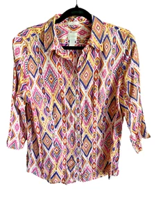 Chicos No Iron Linen 3/4 Sleeve Button Down & Back Top SZ 1 Aztec Southwest - Picture 1 of 9