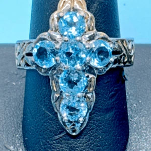 925 Sterling Silver 6 stone Genuine Blue Topaz Cross Ring Sz 9 - Picture 1 of 9
