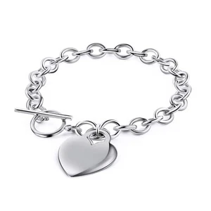 925 Sterling Silver Heart Charm Bracelet - 7.5” Inch - Picture 1 of 7