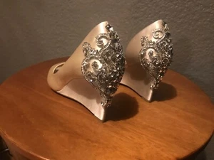 Badgley Mischka Womens Meagan 6 1/2 Wedge Peep Shoes Leather Jeweled Champagne - Picture 1 of 6