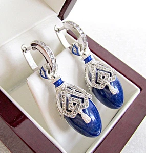 SALE ! SUPERB RUSSIAN GENUINE LAPIS STERLING SILVER 925 EARRINGS w/ ENAMEL - Picture 1 of 1