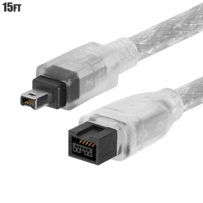 15FT Firewire 800 9-Pin Male to 400 4 Pin Male IEEE 1394 iLINK DV Cable Clear - Image 1 of 2