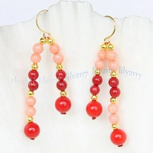 Natural Red Pink Coral Round Gemstone Beads Dangle Gold Hook Earrings 4mm 6mm - Picture 1 of 6