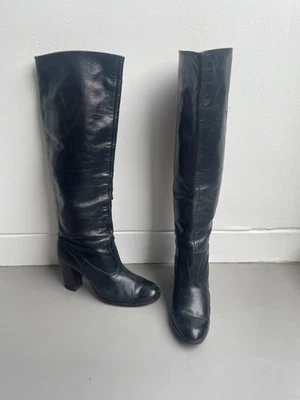 Stivali alti UK 6 anni 70 vintage neri tutta pelle tacco medio impilato legno - Immagine 1 di 4