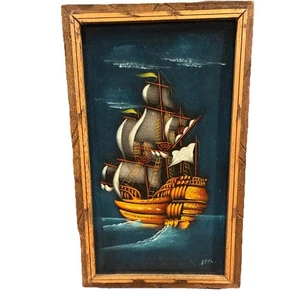 Velo firmado marco de madera tallado barco pintado a mano terciopelo negro kitsch vintage años 70 - Imagen 1 de 6