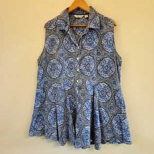 Caffe Marrakesh Blue/White Paisley Sleeveless Tunic Button Tank Top Women L Chic - Picture 1 of 14