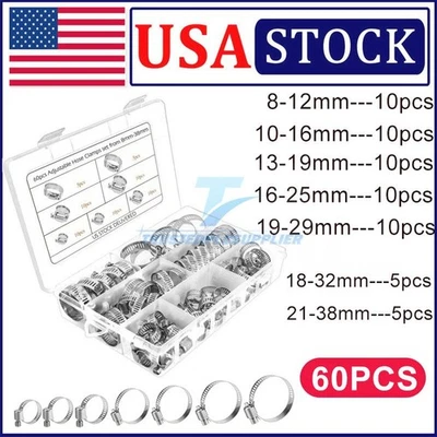60x Adjustable Hose Clamps 8 Sizes Worm Gear Stainless Steel Clamp Assortment - Image 1 of 4