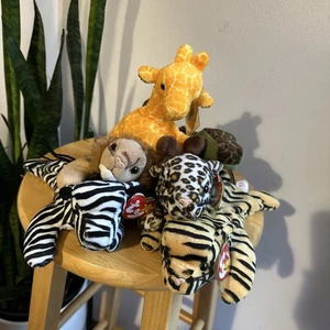 6 NWT TY Beanie Babies Zoo Safari Animals Tiger Leopard Giraffe Zebra Gator Lion - Picture 1 of 14