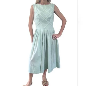 Vintage 1950s Tailored Junior Mint Green Sleeveless Fit & Flare Midi Dress Retro - Picture 1 of 8