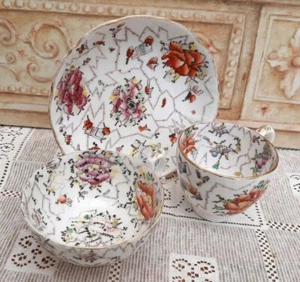 Antique C J Mason True Trio c1835 Floral Mosaic Teacup, Coffee Cup & Saucer - Picture 1 of 7