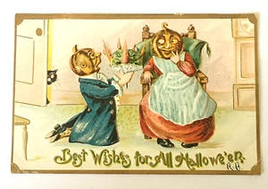 Cartolina antica Halloween 1909 teste di zucca ragazza ragazzo gatto nero in rilievo #101 - Foto 1 di 9