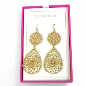 Persimmon Gold Filigree Drop Earrings Mini Rhinestones Fish Hook 3 inch - Picture 1 of 4