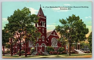Anniston Alabama ~ 1. Methodistenkirche Acker Memorial Bldg ~ Vintage Leinen Postkarte - Bild 1 von 2