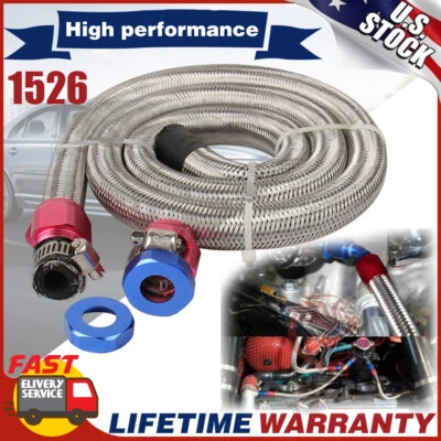 3/8" Hose 3ft. Stainless Steel Braided Fuel Line Kit 1526 New wpith Clamps AN6 - Image 1 of 4