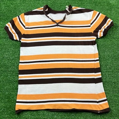 Vintage 70's Women's Sears Perma-Press 1/4 Zip Striped Shirt Orange Brown White - Image 1 of 4