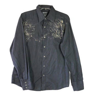Machine Mens Size M Long Sleeve Gray Pearl Button Up Front Bleached Design Shirt - Picture 1 of 13