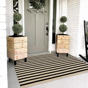 OJIA Washable Outdoor Rug 3'x5', Black and Tan Striped Outdoor Porch Rug Entrywa - Picture 1 of 9