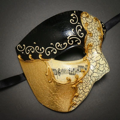 Half Face Phantom of Opera Masquerade Venetian Mardi Gras Mask - Black Gold - Image 1 of 3