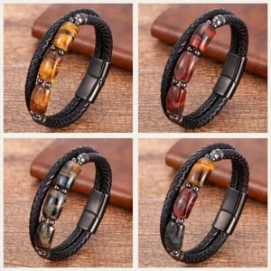 Bracelets For Men Geometric Natural Stone Beads Leather Rope Bangles - Picture 1 of 7