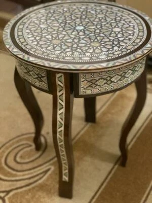 Handmade Wooden End Table Carving Wood Table Home Decor Mother of Pearl Inlay - Image 1 of 4