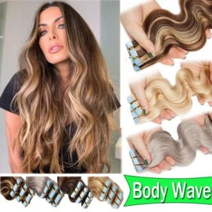 Indian 8A Wavy/Curly Human Hair Extensions Tape In Real Remy Skin Weft Full Head - Picture 1 of 56