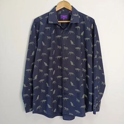 TALLIA Mens Button Front Navy Dress Shirt Cat Print Size XL 100% Cotton. - image 1 of 4