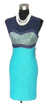 Etcetera Dress Sheath 00 Blue Black White Silk Wool Cotton Boucle Bonita XS NEW  - Image 1 of 4