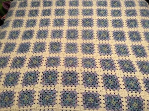 Blue Purple white granny square crochet blanket Afghan 50x66 - Picture 1 of 2