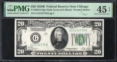 1928-B $20 CHICAGO FEDERAL RESERVE NOTE PMG 45 EPQ  Fr 2052-G 55776 - Image 1 of 2