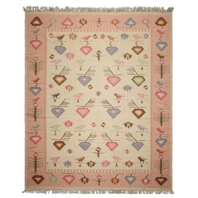 9'2''x11'8'' Hand Woven Wool Ivory Kilim Flatweave Tribal Pictorial Rug - Image 1 of 4