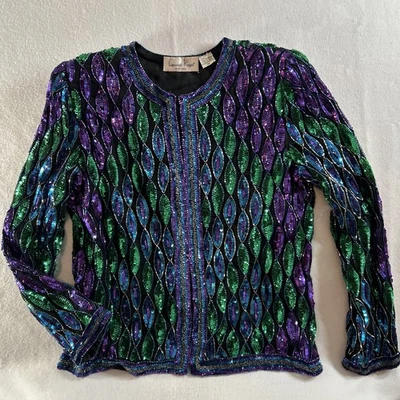 Chaqueta de seda vintage Laurence Kazar negra azul verde lentejuelas para mujer pequeña años 90 Foto 1 de 4