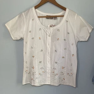 Top camicia donna M ricamato floreale 100% cotone bianco top shirt NUOVE DIREZIONI - Foto 1 di 11