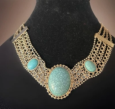 "Precioso collar vintage de imitación turquesa y oro pieza llamativa 18"" L-10 nuevo sin etiquetas" Foto 1 de 4