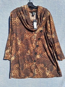 NWT Robert Louis Lightweight Cowl Neck Sweater Womens 2X Animal Print Top Brown - Picture 1 of 8
