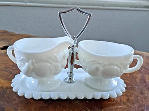 Milk Glass Creamer And Sugar On Stand - Picture 1 of 16